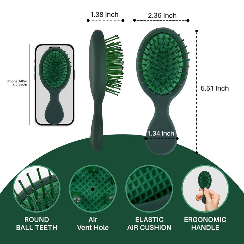 RHOS Mini Hair Brush for Women,Men and Kids-Travel Size Hair Brush for Purse,Pocket,backpack-Small Cushion Paddle Brush with Soft Bristles-Mini Detangler Brush for All Hair Types(1 Pack-Green) - Image 2